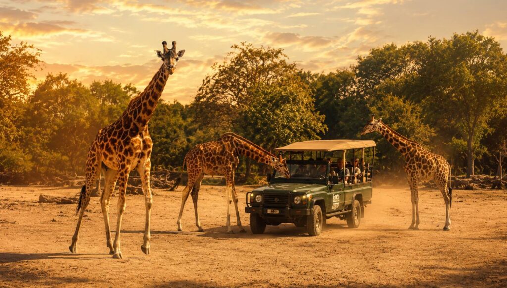 Safariwagen tussen giraffen in Safaripark Beekse Bergen tijdens een avontuurlijke autosafari