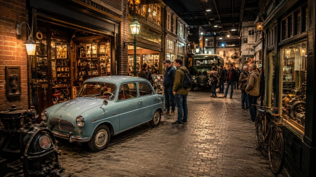 Nostalgische museumstraat met klassieke DAF auto in Eindhoven