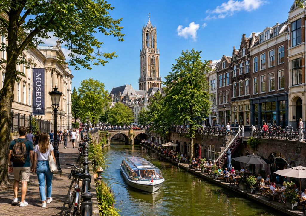 Zonnig uitzicht op de Utrechtse grachten met rondvaartboot, terrassen, historische gebouwen en de Domtoren op de achtergrond