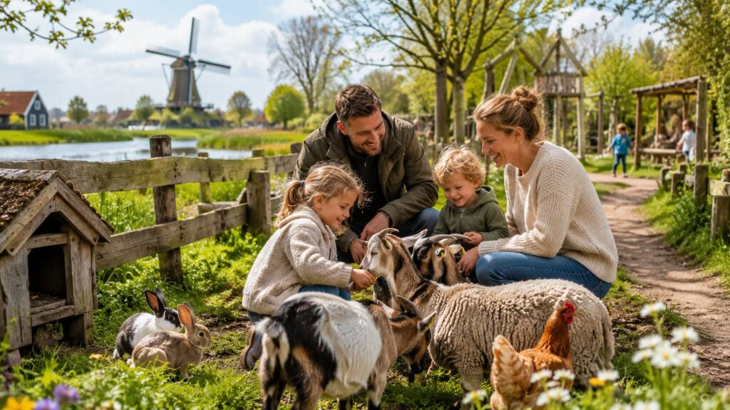 Gezin met kinderen bij een kinderboerderij in Nederland met geiten, schapen, konijnen en een molen op de achtergrond