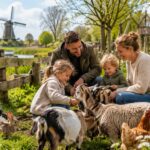 Gezin met kinderen bij een kinderboerderij in Nederland met geiten, schapen, konijnen en een molen op de achtergrond