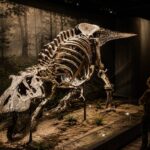 Bezoeker bekijkt een groot T. rex skelet in een museumzaal van Naturalis Leiden