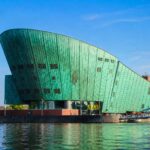 Buitenkant van NEMO Science Museum in Amsterdam aan het water met het groene gebouw en reflectie in het Oosterdok