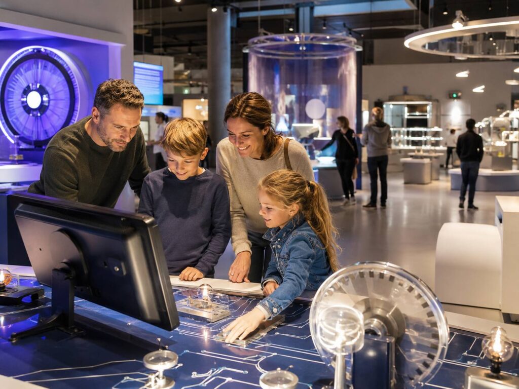 Gezin met kinderen ontdekt interactieve technologie in het Philips Museum