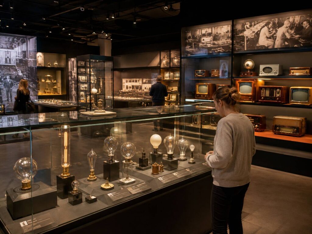 Tentoonstelling met oude gloeilampen, radio’s en televisies in het Philips Museum