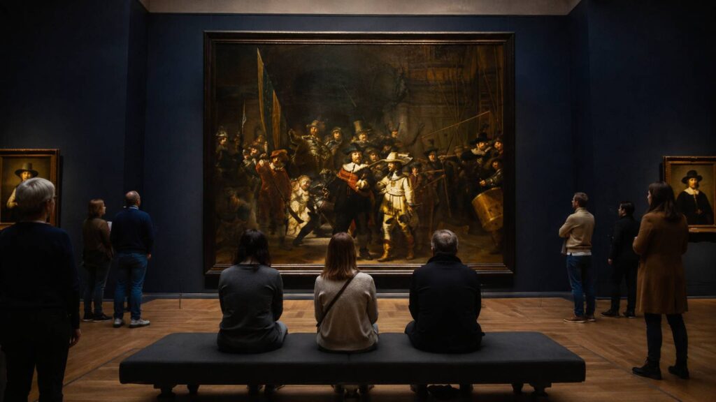 Bezoekers zitten en staan voor een groot schilderij van Rembrandt in een donkere museumzaal van het Rijksmuseum.
