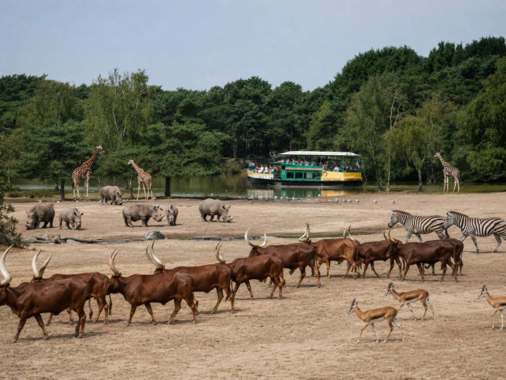 Safarilandschap in Beekse Bergen met neushoorns, zebra’s, giraffen, antilopen en een safariboot op het water