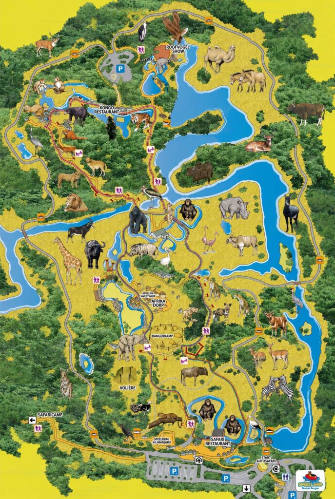 Informatieve plattegrond van Safaripark Beekse Bergen met wandelroutes, autosafari, dieren en restaurants