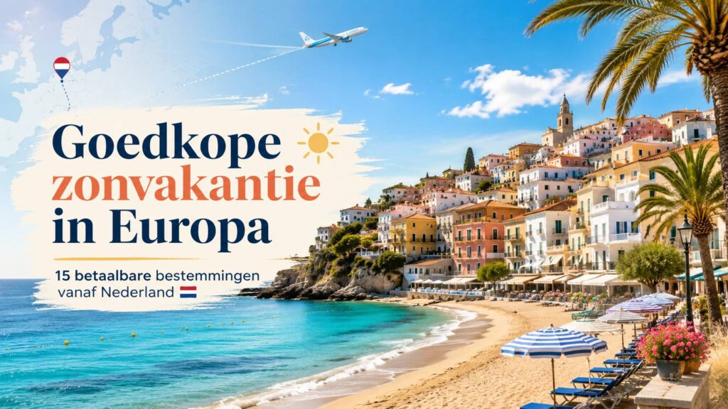 Uitgelichte afbeelding voor goedkope zonvakantie in Europa met strand, blauwe zee, vliegtuig en mediterrane kustplaats