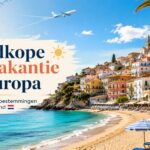 Uitgelichte afbeelding voor goedkope zonvakantie in Europa met strand, blauwe zee, vliegtuig en mediterrane kustplaats