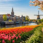 Kleurrijk lente-uitje in Nederland met tulpenvelden, een historische stad, windmolen en wandelpad langs het water